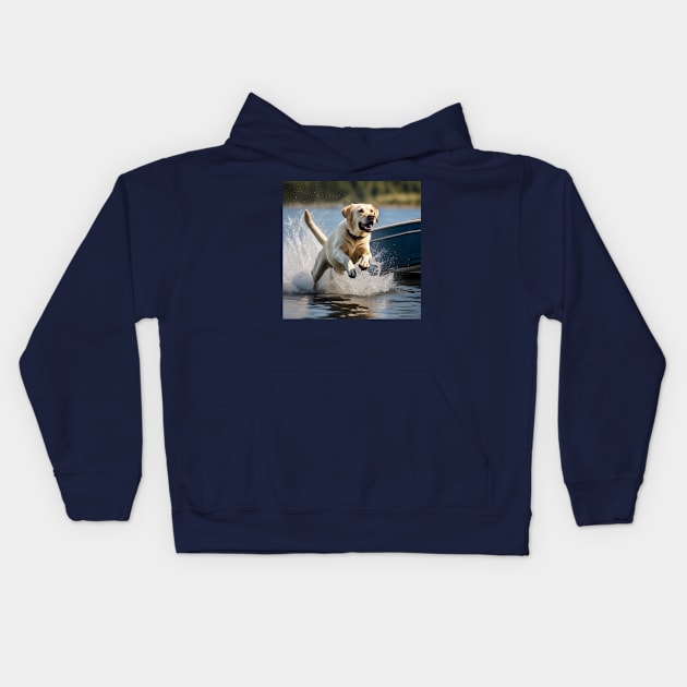 Yellow Lab Running in Water Kids Hoodie by AnchoredK9s